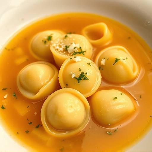 Piatto di cappelletti fatti in casa in un brodo ricco e dorato.