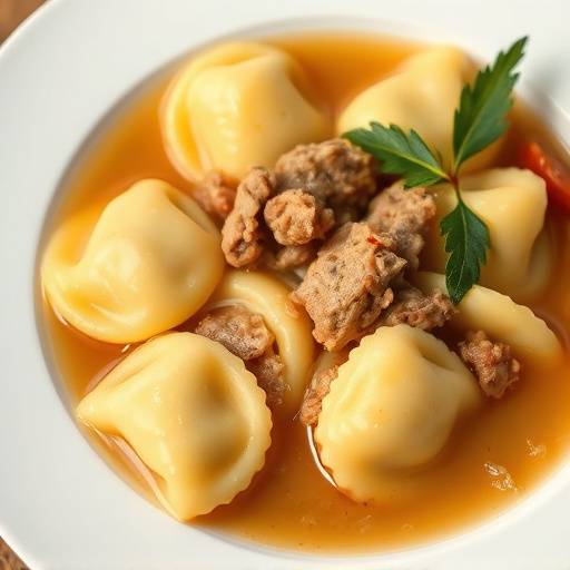 Piatto di Cappelletti in brodo, una variante dei tortellini, ripieni di formaggio e cotti in brodo di carne.