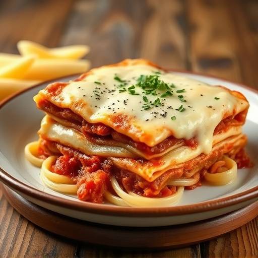 Piatto di Lasagne alla Bolognese fumanti, con strati di pasta fresca, rag&radic;&pi; ricco e besciamella cremosa.