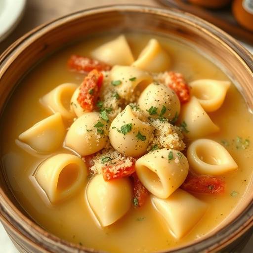 Piatto di Passatelli in brodo, presentati in una zuppiera fumante