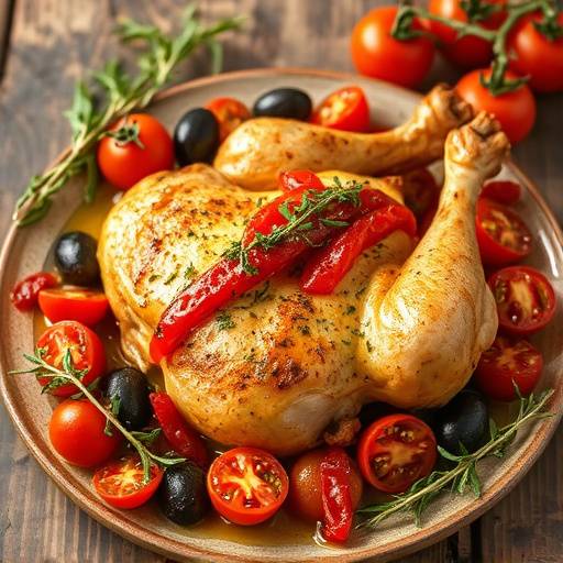 Piatto di Pollo alla Cacciatora, con pomodori, olive taggiasche e erbe aromatiche