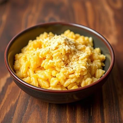 Piatto di risotto allo zafferano cremoso, guarnito con una spolverata di parmigiano reggiano grattugiato