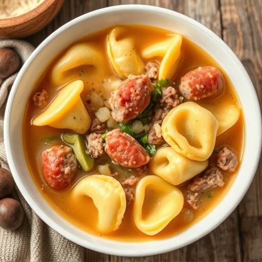 Piatto di Tortellini in brodo di cappone, con pasta ripiena di carne e parmigiano reggiano.