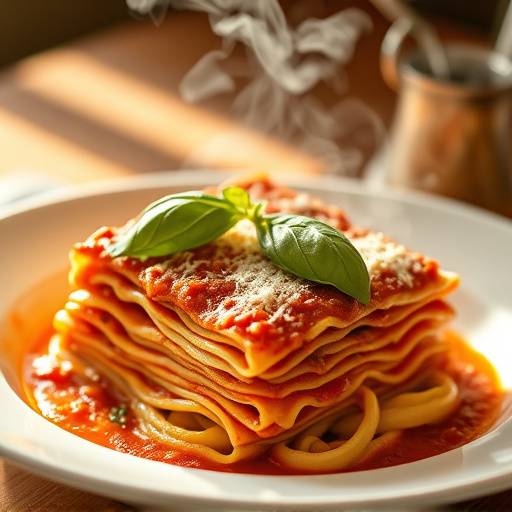 Piatto fumante di Lasagne alla Bolognese, guarnito con basilico fresco