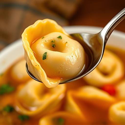 Primo piano di un piatto di Tortellini in brodo di cappone, con un cucchiaio che raccoglie il brodo
