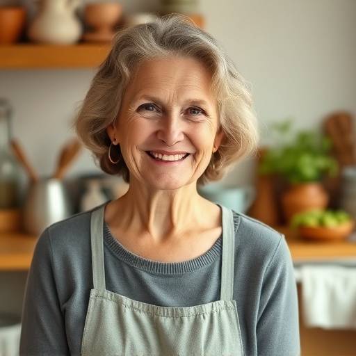 Ritratto sorridente di Emilia, la nonna ispiratrice del sito, in una cucina accogliente.