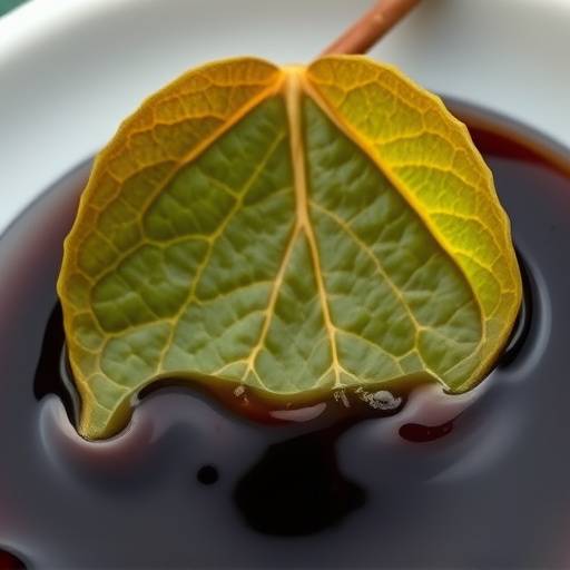 Un bicchiere di aceto balsamico tradizionale di Modena, denso e scuro, con una foglia di fico