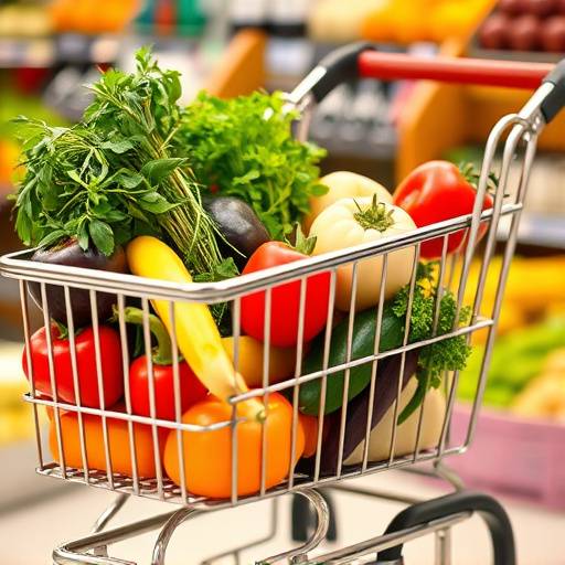 Un carrello della spesa pieno di ingredienti freschi e colorati, come verdure, frutta, erbe aromatiche e olio extravergine d'oliva.