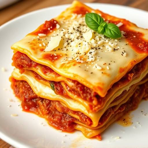 Un piatto di lasagne alla bolognese, con strati di pasta fresca, rag&radic;&pi;, besciamella e parmigiano grattugiato