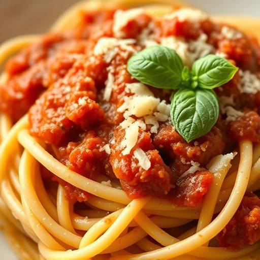 Un primo piano di un piatto fumante di pasta fresca fatta in casa, condita con rag&radic;&pi;, basilico fresco e una spolverata di parmigiano