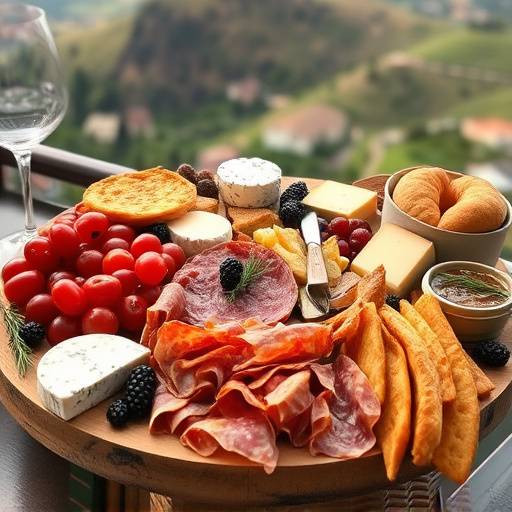 Un tagliere con salumi misti emiliani, formaggi stagionati, gnocco fritto e tigelle, circondato da un paesaggio collinare